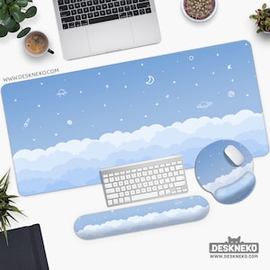 Light Blue Desk Mat, Cute Mousepad large, Kawaii anime aesthetic clouds, Simple cool mint white, Led rgb mouse pad XL, XXL gaming deskmat