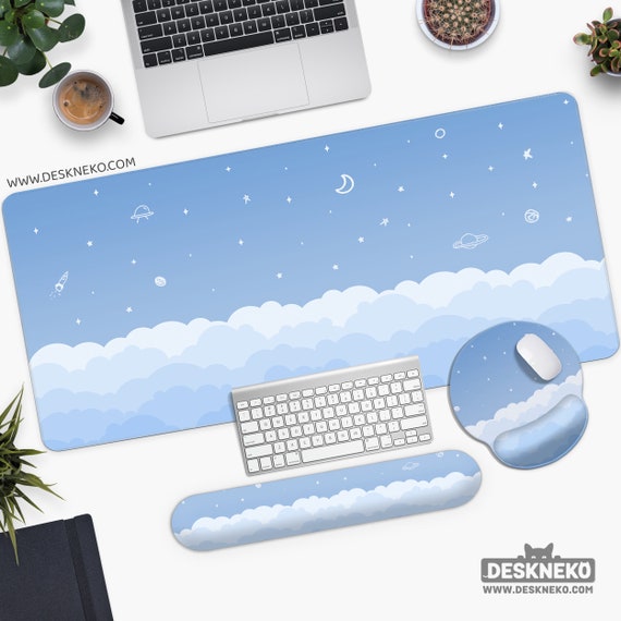 Light Blue Desk Mat, Cute Mousepad Large, Kawaii Anime Aesthetic