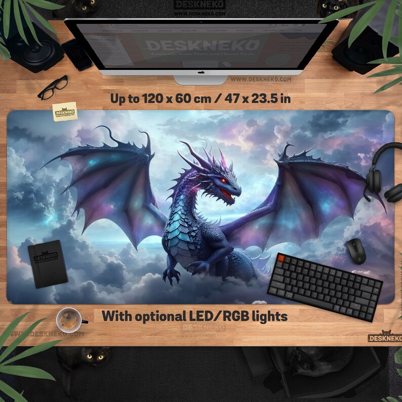 May include: A large rectangular desk mat featuring a fantasy dragon design with a purple and blue color scheme. The mat measures up to 47 x 23.5 inches and includes the text "With optional LED/RGB lights". The mat is designed for aesthetic desk setups.