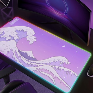 Wave Desk Mat Violet Mousepad Cute, Kawaii Pastel Japanese anime aesthetics purple, xxl large led rgb gaming deskmat xl, small mouse pad