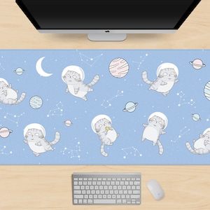 Cute Space Cats Desk Mat xl, Kawaii Mousepad xxl, large gaming mouse pad, pastels sky with stars and clouds, extended keyboard mat (6 sizes)