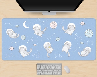 Cute Space Cats Desk Mat xl, Kawaii Mousepad xxl, large gaming mouse pad, pastels sky with stars and clouds, extended keyboard mat (6 sizes)