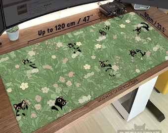 Cute Cats Desk Mat: Kawaii Mouse pad, Green Mousepad xxl, Aesthetic Deskmat extra large xl, Kawai studio art, Cozy Anime Office Decor Gift