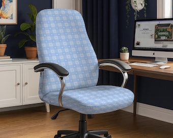 Office Chair Cover, Stretch Washable Desk Chair Slipcover, Cute Pastel Blue Checkered Pattern Seat Protector for Home Office Decor Setup