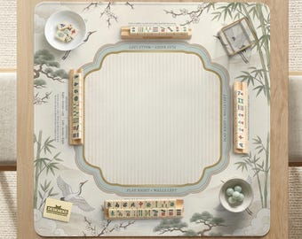 Sage Chinoiserie Mahjong Mat With Rules, American Mahjong Table Mat, Crane Bamboo Neoprene Game Mat, Charleston Guide, Game Night Host