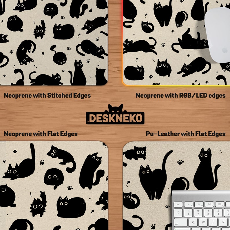 Puede incluir: Cuatro alfombrillas de rat&oacute;n diferentes con tem&aacute;tica de gatos. Las alfombrillas son de color beige con siluetas de gatos negros. Las alfombrillas tienen diferentes estilos de borde: cosido, RGB/LED y plano. Se muestra la marca "DESKNEKO".