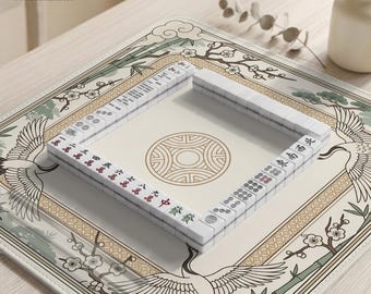 Mahjong Table Mat, Crane Bamboo Mahjong Game Mat, American Riichi Chinese Tile Playmat, Board Game Table Mat, Cream Sage Floral Decor