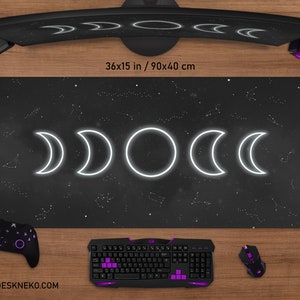 Moon Phases Desk Mat Space Mousepad Stars, Black sky zodiac constellations, small mouse pad, xxl large big wide keyboard Gaming Deskmat RGB