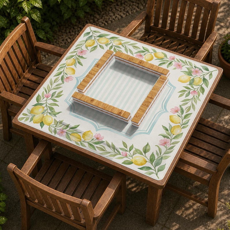 May include: A square wooden table with a decorative lemon and floral design, surrounded by four matching wooden chairs. The table features a central recessed area with a striped pattern and a wooden border. The table is surrounded by greenery.