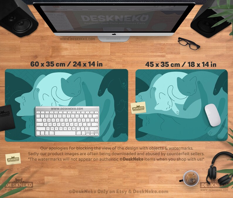 Teal Cats Desk Mat Mouse Pad, Green Mousepad Cute, Kawaii Cat Deskmat xl, Extra Large XXL, Extended table matt led, Aesthetic Office Decor image 5