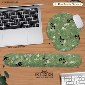 Cute Mouse Pad with Wrist Rest, Ergonomic Mousepad, Hand arm support, Kawaii cats and plants, Keyboard Desk Mat, Green Desk Decor Accessory