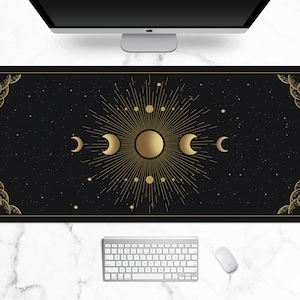 Celestial Mousepad in 5 Größen, Astrologie Mond Phasenzyklus in schwarz und gold, Sterne im Weltraum Horoskop Sternzeichen Schreibtischmatte, mystische Mauspads