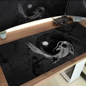 Black and white Desk Mat Koi fish pond, Japanese Mousepad Large, Yin yang grey Gaming Deskmat RGB LED, XXL extended mouse pad/playmat xl