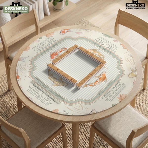Koi Fish Mahjong Mat With Rules, Round Mahjong Table Mat Option, Neoprene Game Play Mat, Charleston Guide, Decorative Board Game Mat