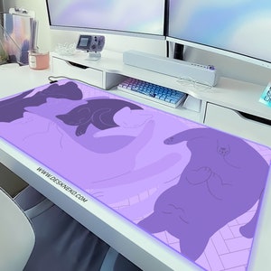 Purple Deskmat Kawaii Mousepad cute cats, Large gaming Mouse Pad, pastel violet lilac kawai aesthetic wrist rest, XL rgb led gaming desk mat