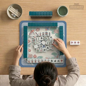 May include: A Mahjong set with teal tiles and a blue and white mat featuring koi carp and lotus flowers. The set includes dice, tile racks, and a small bowl. The game is set up on a light wood table.