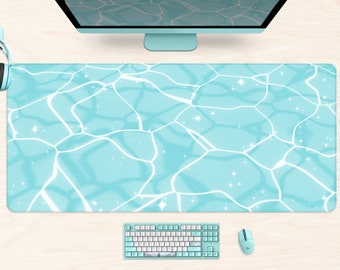 Anime Desk Mat wave, Turquoise/cyan mouse pad kawaii, cute anime aesthetics, blue ocean waves water, xl extra large gaming deskmat mousepad