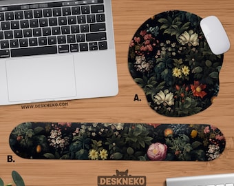 Floral Ergonomic Mouse Pad Wrist Rest, Dark Botanical Mousepad, Vintage Flower Decor, Keyboard Support Desk Mat, Cottagecore Desk Accessory