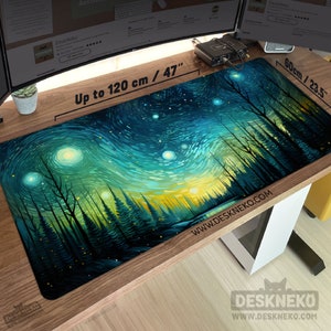 Starry Night Forest: Desk Mat Mouse pad, Extended Keyboard Deskmat xl, Van Gogh Painting, Large Mousepad led, Green Aesthetic office decor