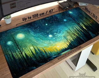 Starry Night Forest: Desk Mat Mouse pad, Extended Keyboard Deskmat xl, Van Gogh Painting, Large Mousepad led, Green Aesthetic office decor
