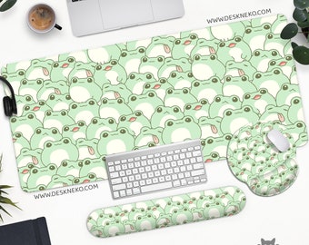 Cute Frogs Mousepad Desk Mat, Ergonomic Mouse Pad with wrist rest, Mint Green deskmat aesthetic, keyboard arm support, Kawaii Anime Animals