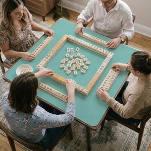 Könnte beinhalten: Eine Gruppe von Personen spielt Mahjong an einem türkisfarbenen Tisch. Das Spiel ist mit Spielsteinen und Racks aufgebaut. Der Tisch hat einen Holzrahmen und ist von Stühlen umgeben. Die Spieler konzentrieren sich auf das Spiel.