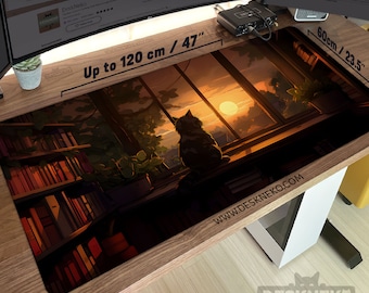 Lo-Fi Cat Desk Mat: Mouse pad, Warm Lofi Anime Art, XXL Gaming Mousepad extra large, XL Extended Keyboard Deskmat led, Cozy Sunset Aesthetic