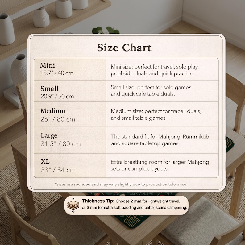 May include: A rectangular size chart for a game mat with five categories: Mini at 15.7 inches, Small at 20.9 inches, Medium at 26 inches, Large at 31.5 inches, and XL at 33 inches. A thickness tip indicates options of 2 mm or 3 mm for padding.