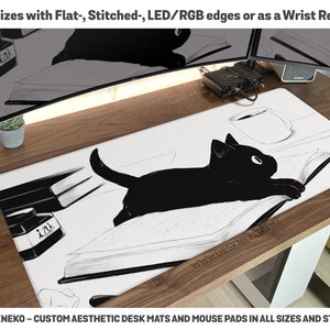 Cat Desk Mat black cat off-white, Cute mousepad aesthetic, Large mouse pad, XXL gaming deskmat rgb led, Manga anime keyboard wrist rest