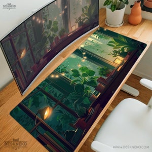 May include: A long rectangular desk mat featuring a digital illustration of a greenhouse interior with lush green plants, a window, and soft lighting. The mat is placed on a wooden desk, with a curved monitor and a white chair visible.
