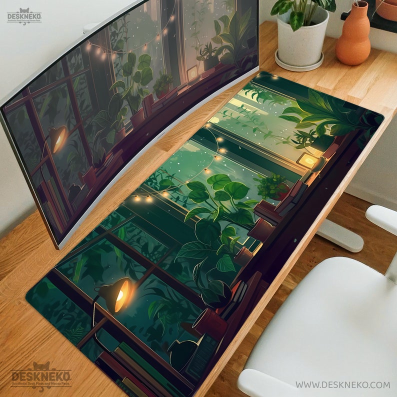 May include: A long rectangular desk mat featuring a digital illustration of a greenhouse interior with lush green plants, a window, and soft lighting. The mat is placed on a wooden desk, with a curved monitor and a white chair visible.