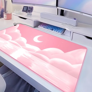 Rosa Mond Schreibtischmatte Kawaii, Großes Mousepad niedlich, Hell pastell weiße Wolken, große RGB LED Pc Tastatur Gaming Mousepad, XXL ästhetische Schreibtischunterlage