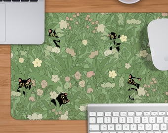 Green Desk Mat, Cute Cats Deskmat, Nature Mouse Pad large, Mouse pad with wrist rest, xxl xl gaming keyboard matt, Kawaii mousepad aesthetic