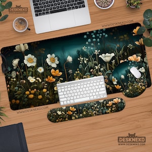 Dark Floral Desk Mat, Cottagecore Deskmat, Botanical Mouse Pad xl, Cute Vintage Wildflower Mousepad Large xxl, Nature Academia Plant Deskpad