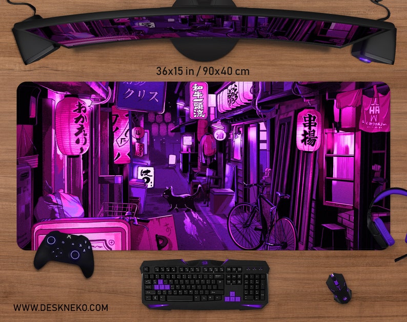 May include: A large rectangular desk mat with a vibrant purple and pink illustration of a Japanese street scene. The mat measures 36x15 inches and features a black cat, lanterns, and Japanese text.