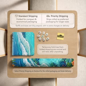 May include: A rectangular desk mat and a square desk mat featuring a vibrant blue ocean wave and tropical coral reef design. The set includes several small white mahjong tiles and a yellow square note with the text DESKNEKO printed on it.