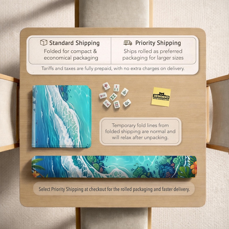 May include: A rectangular desk mat and a square desk mat featuring a vibrant blue ocean wave and tropical coral reef design. The set includes several small white mahjong tiles and a yellow square note with the text DESKNEKO printed on it.