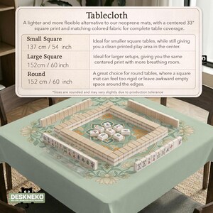 May include: A light green tablecloth featuring a centered floral pattern and a mahjong tile set arranged in a square formation. The image includes an informational chart detailing three sizes: 137 cm/54 inch, 152 cm/60 inch, and 152 cm/60 inch.