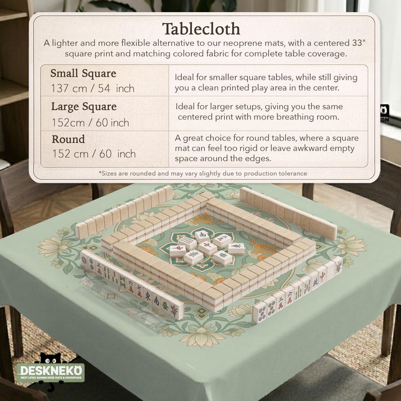 May include: A light green tablecloth featuring a centered floral pattern and a mahjong tile set arranged in a square formation. The image includes an informational chart detailing three sizes: 137 cm/54 inch, 152 cm/60 inch, and 152 cm/60 inch.