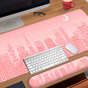 Kawaii Deskmat Pink, Cute Mousepad tokyo city pixel art, Large mouse pad anime moon, Peach wrist rest, XXL rgb gaming desk mat mousemat