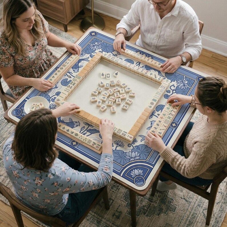 May include: A group of people playing a game of Mahjong. The table has a blue and white floral design. The game pieces are beige with black and green symbols. The players are seated around the table.