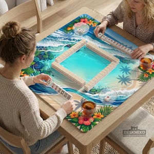 May include: A wooden table with a tropical-themed Mahjong game in progress. The game board features a beach scene with palm trees, ocean waves, and floral accents. Players are holding tiles, ready to play. The table also has drinks and coasters.