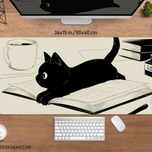 Black Cat desk mat cute mousepad, Anime aesthetic mouse pad, XXL gaming deskmat RGB LED, Coffee beige Kawaii manga, Matt with wrist rest image 2