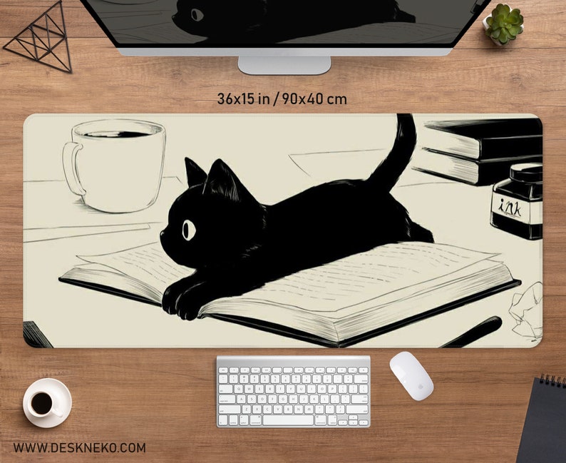 Black Cat desk mat cute mousepad, Anime aesthetic mouse pad, XXL gaming deskmat RGB LED, Coffee beige Kawaii manga, Matt with wrist rest image 2