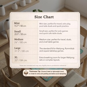 May include: A rectangular size chart for a game mat with five categories: Mini at 15.7 inches, Small at 20.9 inches, Medium at 26 inches, Large at 31.5 inches, and XL at 33 inches. A thickness tip section lists 2 mm and 3 mm options for the mat.