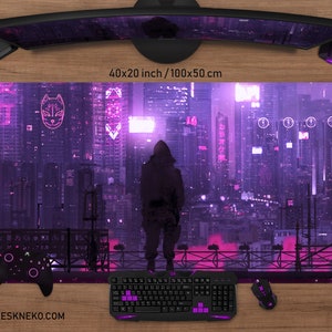 Gaming Desk mat, Cyberpunk Mousepad, Vaporwave Deskmat, rgb/led Xl large Gaming Mouse pad XXL, Neon Tokyo City Purple, Retrowave