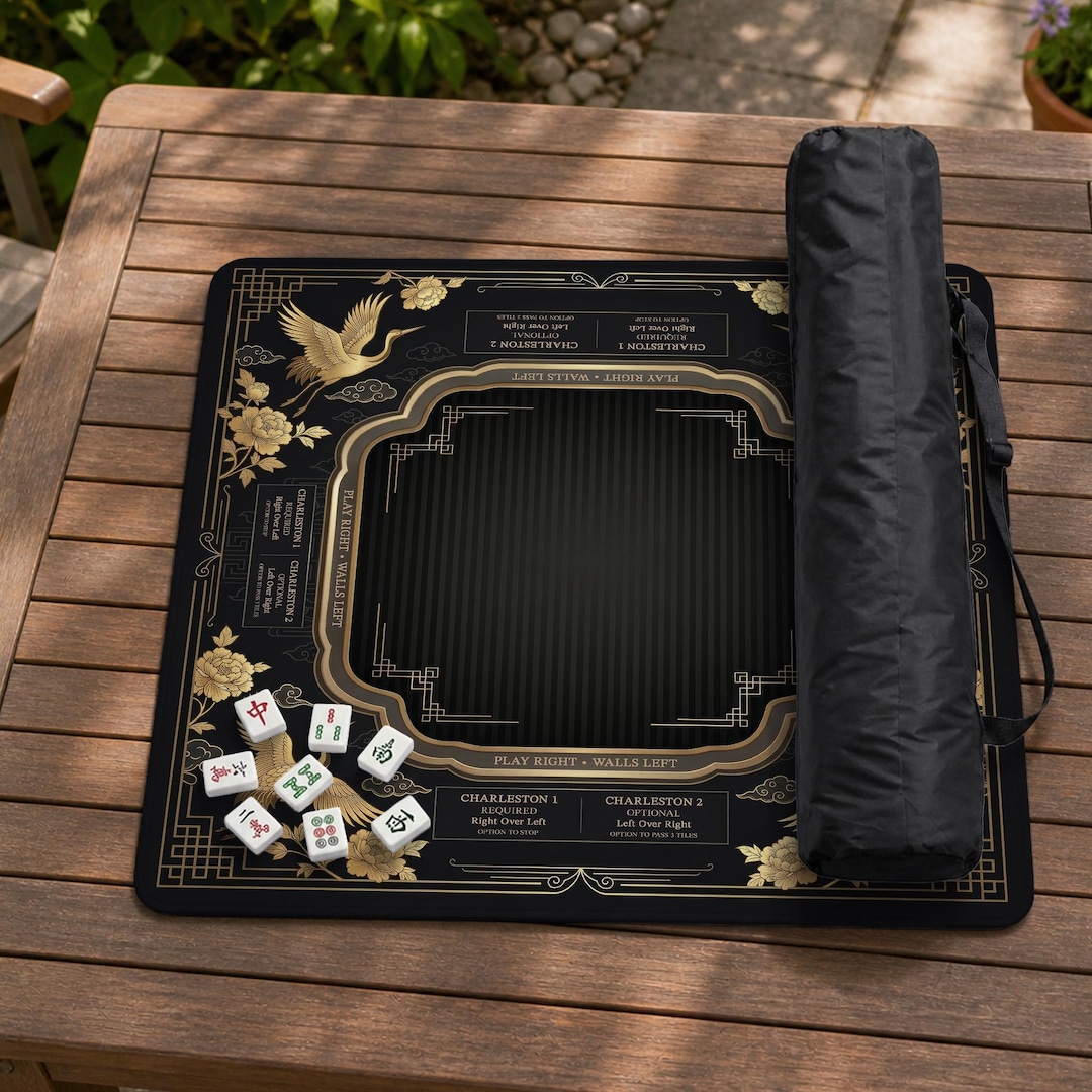 Black Gold Mahjong Mat With Rules, Art Deco Crane Neoprene Game Mat for ...