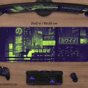 May include: A rectangular desk mat with a neon cityscape design in purple and green, featuring Japanese text and a silhouette of a cat. The mat measures 31 x 12 inches.