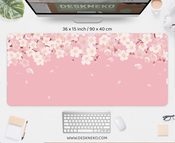 Cherry blossom mousepad, Pink sakura desk mat, Cute Japanese aesthetic peach flower tree, large mouse pad kawaii, xxl rgb led gaming deskmat