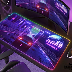 Gaming Desk Mat RGB LED, Vaporwave Mousepad Large, Japanese Cyberpunk Racing Car Deskmat neon lights tokyo, XXL extended mouse pad xl